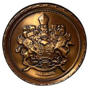 Vintage Copper Tone Brass Medallion - Lion Rampant Mitre Crown 4.5” Plaque